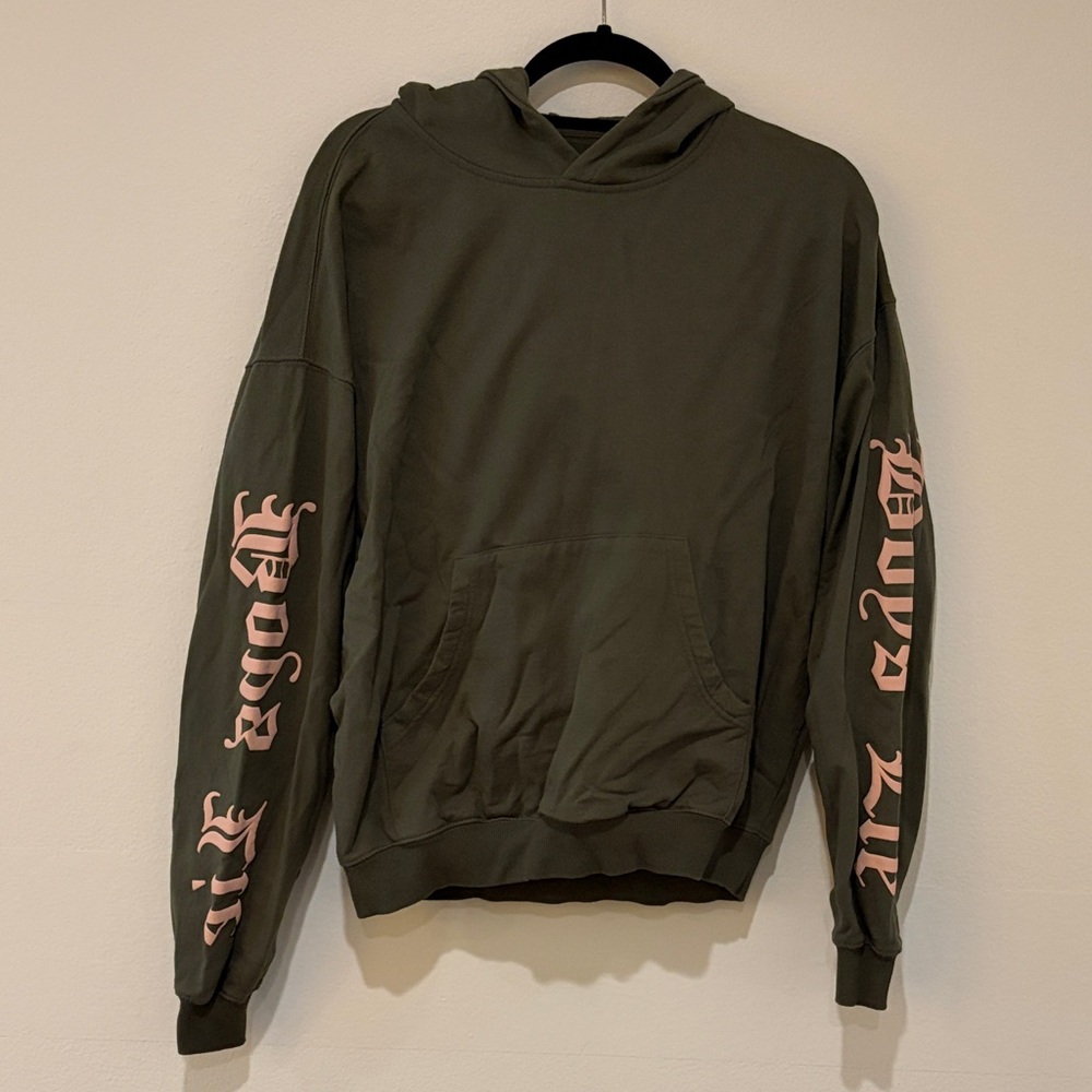Boys Lie Olive Hoodie with Pink Sleeve Lettering